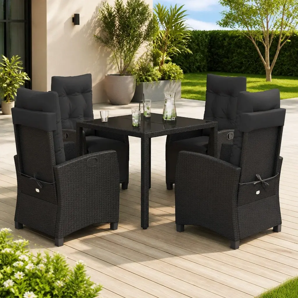 Garden Dining Set 5 Piece Outdoor Furniture Black Poly Rattan with Cushions
