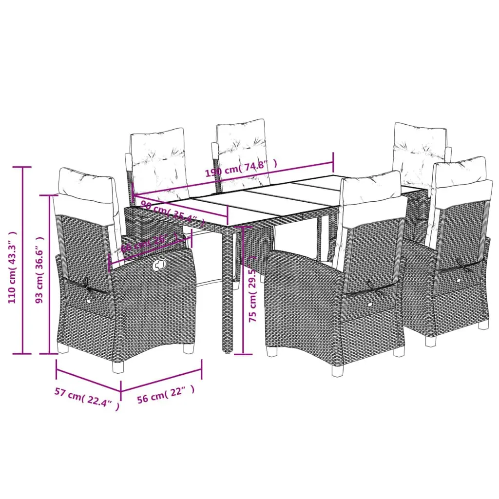 7 Piece Outdoor Garden Dining Set Grey Poly Rattan Table Chairs Cushions Patio