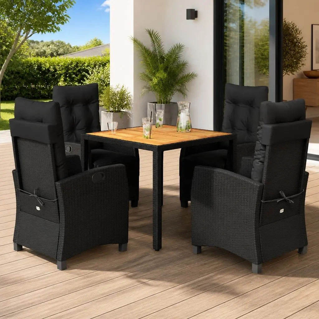 Outdoor Garden Dining Set 5 Piece Patio Black PE Rattan Chairs Table