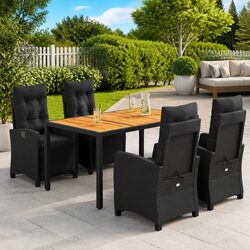 5 Piece Outdoor Dining Set: Black Rattan and Acacia Wood
