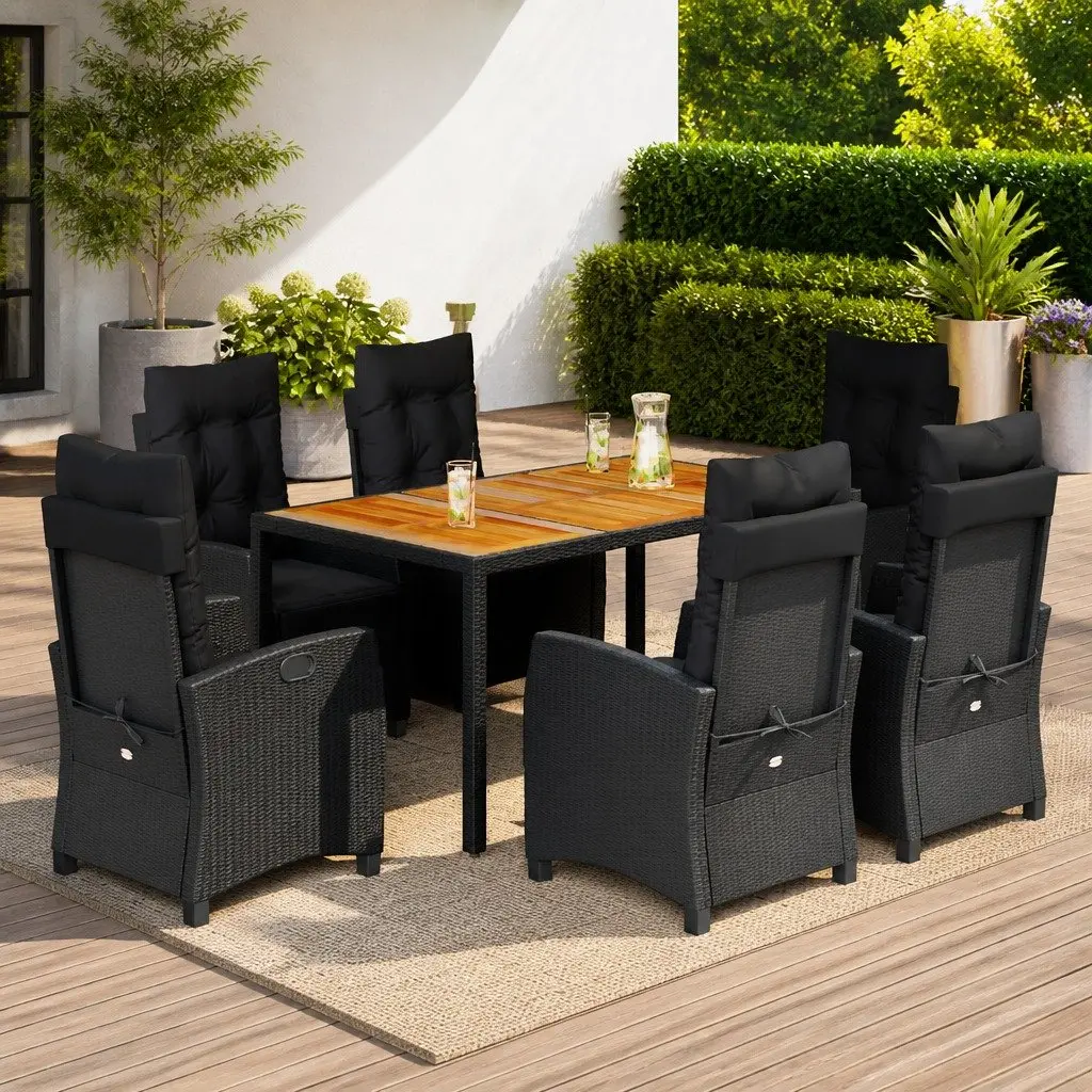 7 Piece Outdoor Garden Dining Set for Patio Black Poly Rattan Chairs Table with Cushions