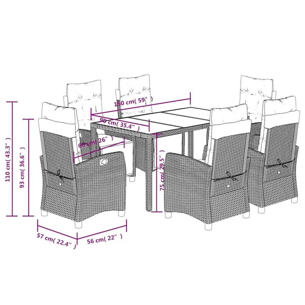 7 Piece Outdoor Garden Dining Set for Patio Black Poly Rattan Chairs Table with Cushions
