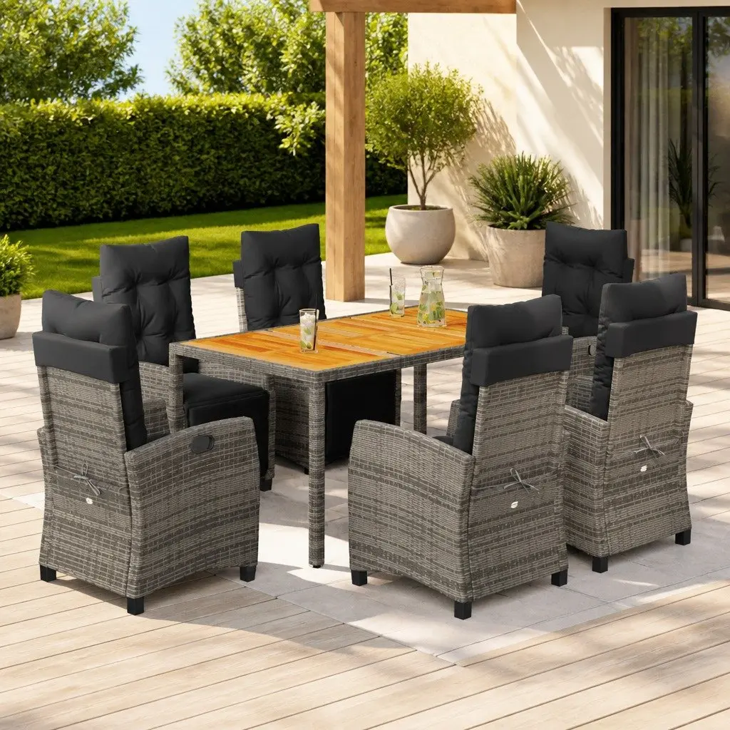 7 Piece Grey Outdoor Dining Set with Poly Rattan & Cushions