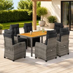 7 Piece Grey Outdoor Dining Set with Poly Rattan & Cushions