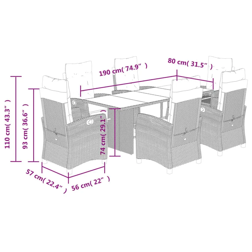 Outdoor Dining Set 7 Piece Garden Furniture Grey Poly Rattan with Cushions