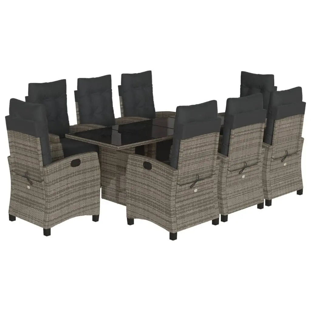 Outdoor Garden Dining Set 9 Pieces Grey Poly Rattan Table Chairs Cushions Patio