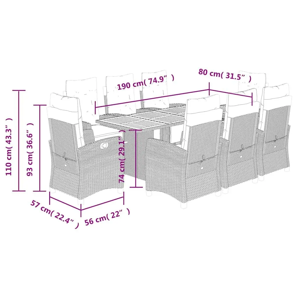 Outdoor Dining Set 9 Piece Garden Furniture Black Poly Rattan with Cushions
