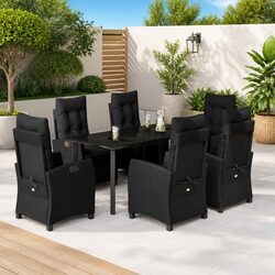 7-Piece Garden Dining Set: Black Poly Rattan Construction