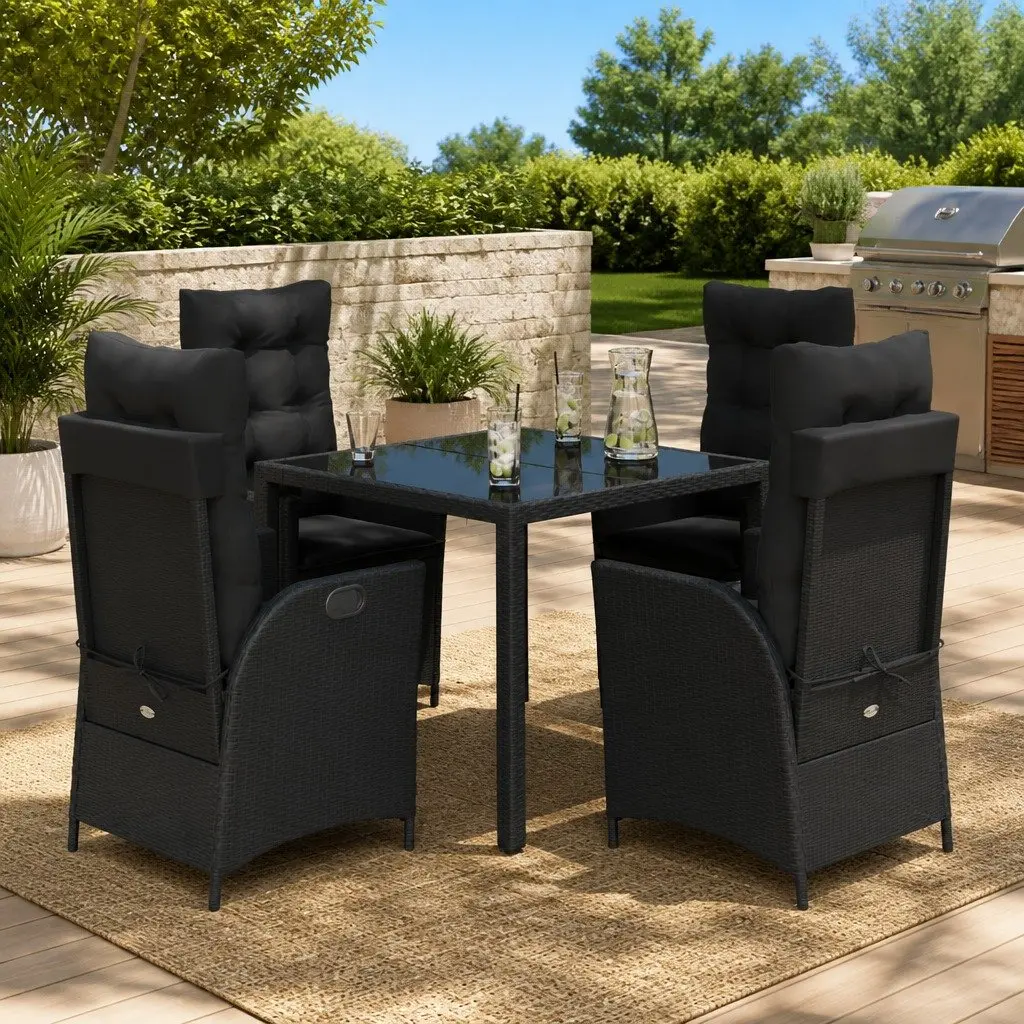 5 Piece Outdoor Garden Dining Set Black Poly Rattan Table Chairs Cushions Patio