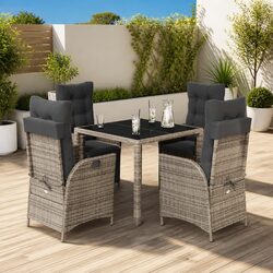 5 Piece Garden Dining Set: Grey Rattan, Glass Top, Cushions