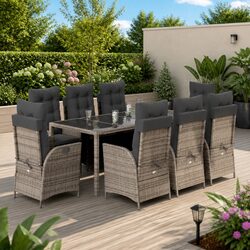 Garden Dining Set 9 Piece - Grey Poly Rattan Specs