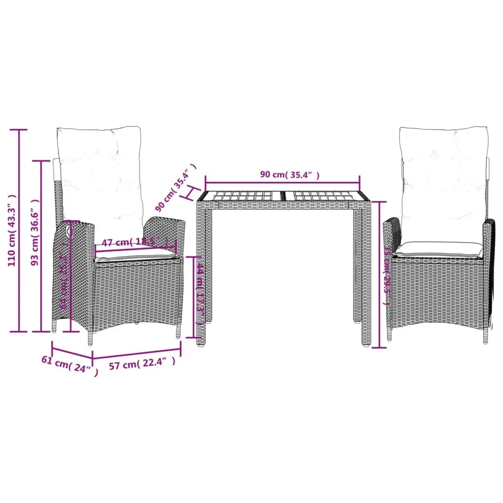 Garden Dining Set 3 Piece Outdoor Patio Furniture with Cushions Black