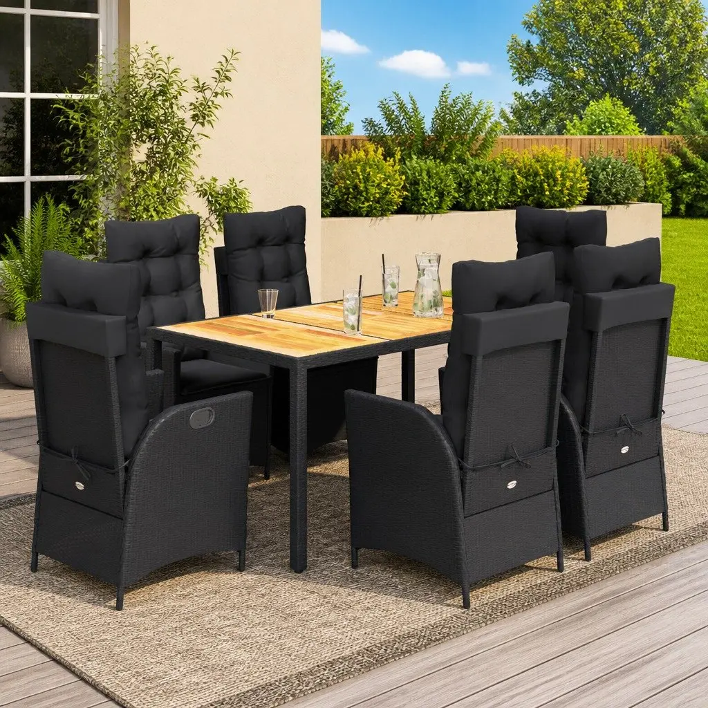 Outdoor Garden Dining Set 7 Piece Black Poly Rattan Table and Chair with Cushions