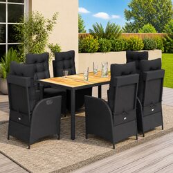 7-Piece Black Rattan Garden Dining Set with Cushions