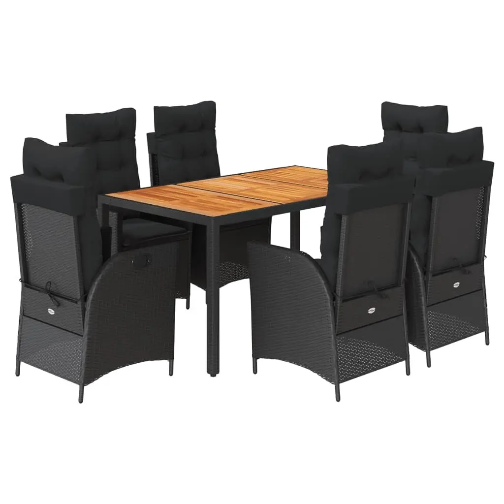 Outdoor Garden Dining Set 7 Piece Black Poly Rattan Table and Chair with Cushions