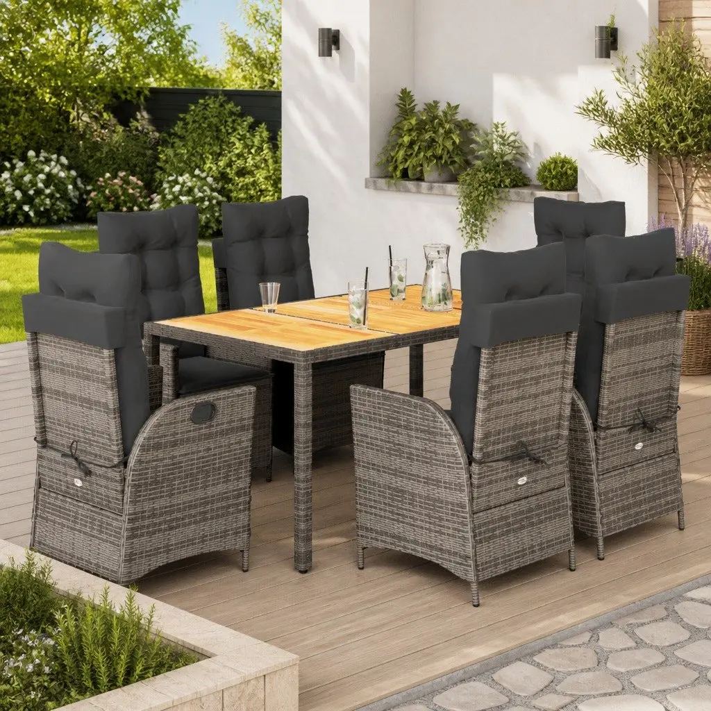 Garden Dining Set 7 Piece with Grey Rattan and Cushions