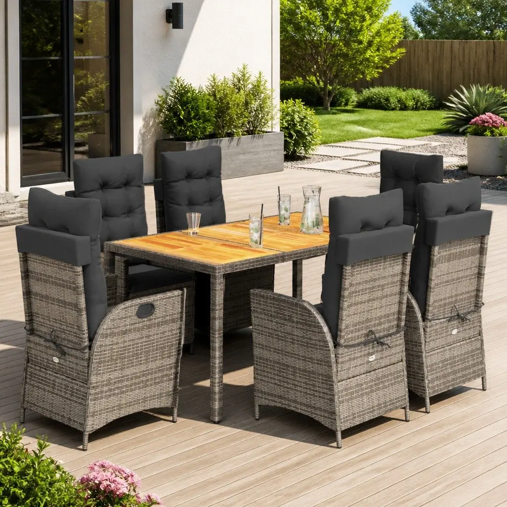 7 Piece Garden Dining Set Outdoor Use Grey Poly Rattan
