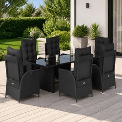 7 Piece Garden Dining Set: Black Rattan and Glass Table