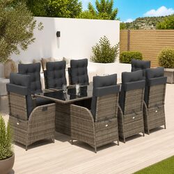 9 Piece Outdoor Garden Dining Set Grey Poly Rattan Furniture with Cushions Patio