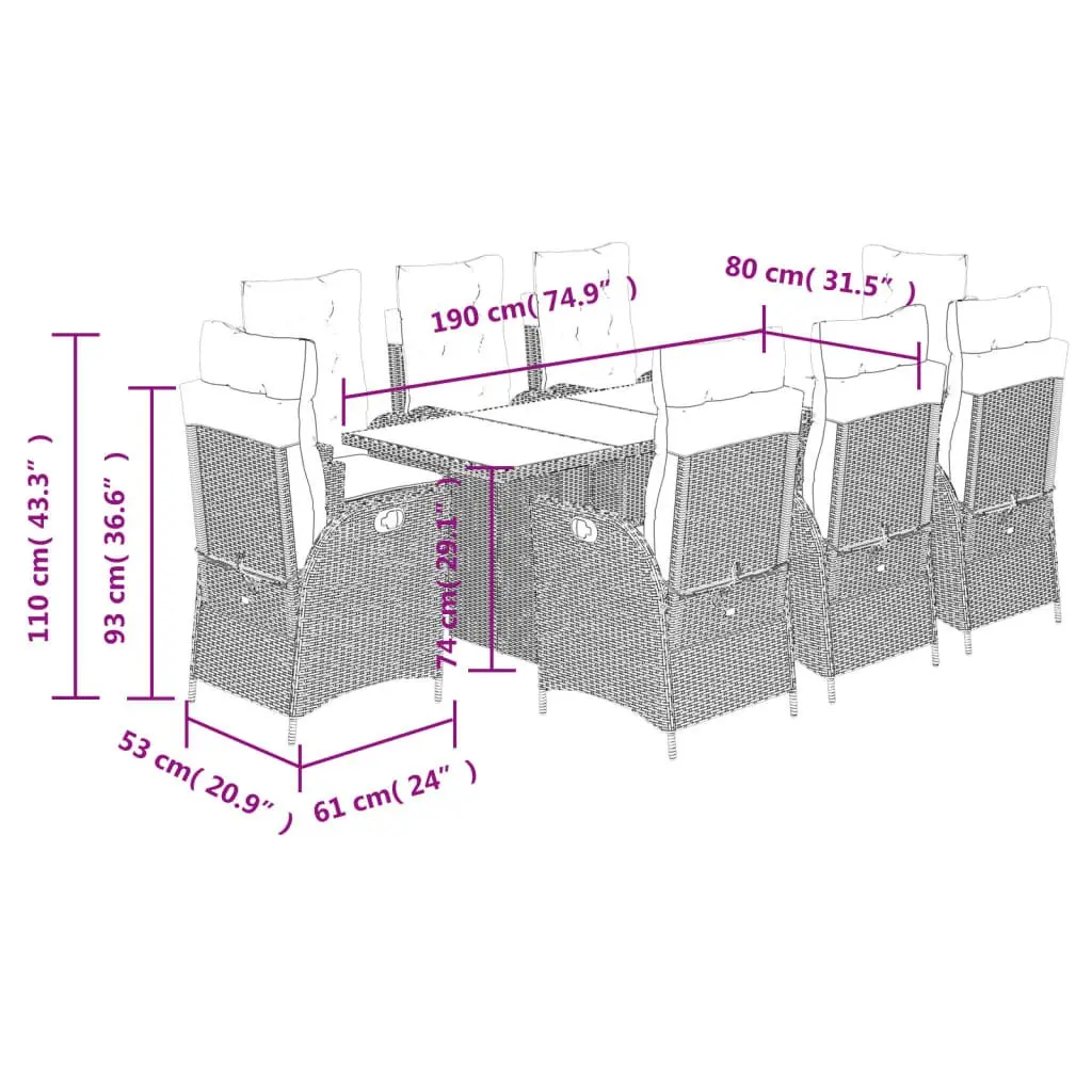 Garden Dining Set Outdoor Furniture 9 Piece Grey Poly Rattan with Cushions