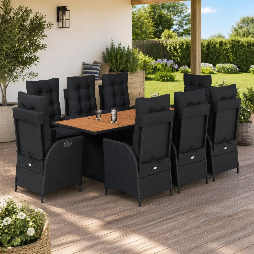 Outdoor Dining Set 9 Piece Patio Furniture Black Poly Rattan Cushions Acacia Wood Table Top