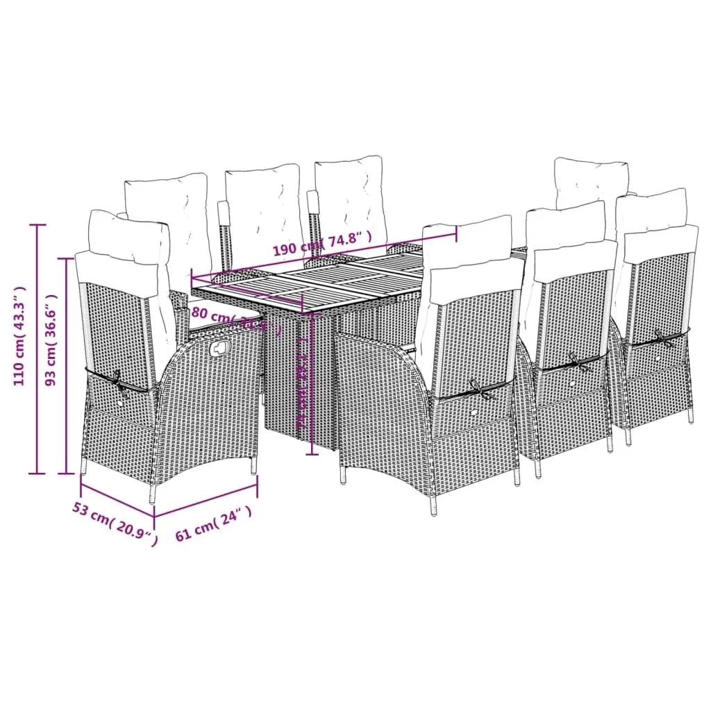 Outdoor Dining Set 9 Piece Patio Furniture Black Poly Rattan Cushions Acacia Wood Table Top