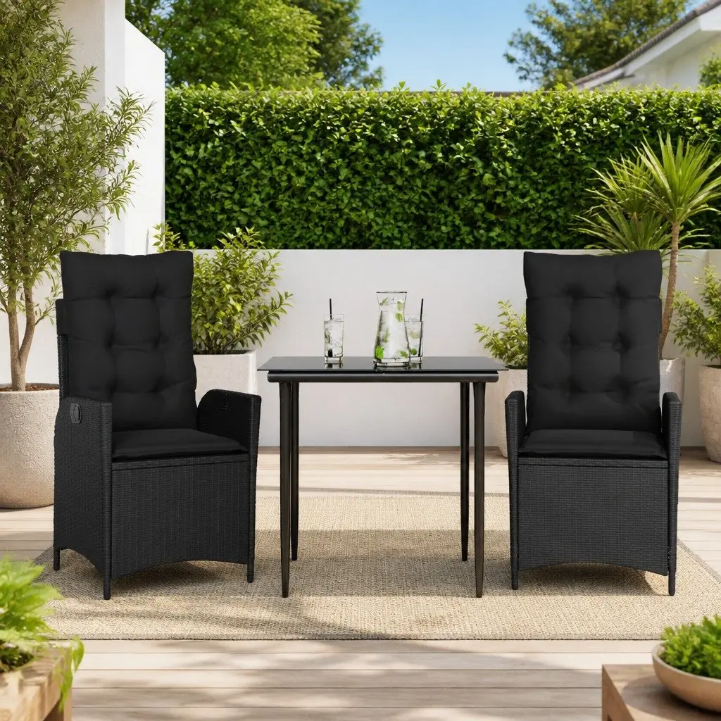 Garden Dining Set 3 Piece Outdoor Furniture Poly Rattan Patio Cushions Black