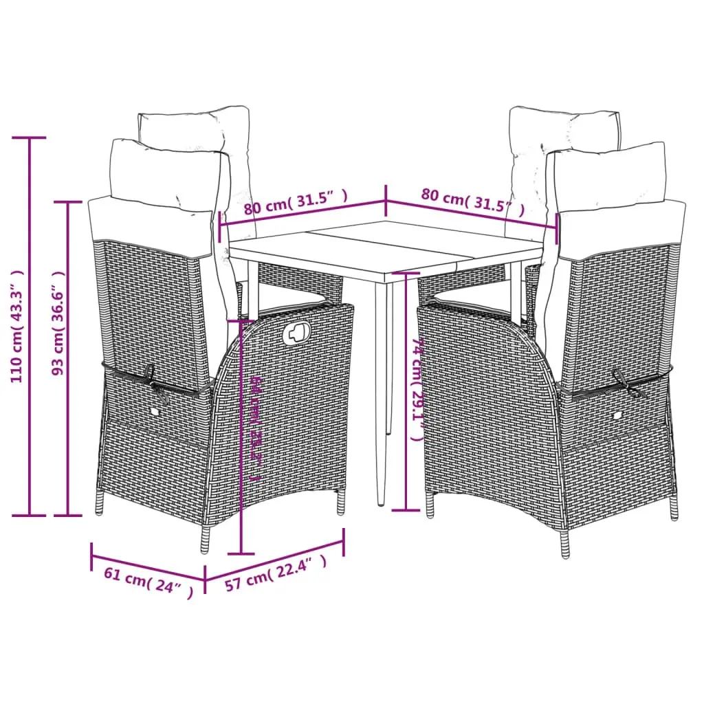 5 Piece Garden Dining Set Outdoor Furniture Black Poly Rattan with Cushions
