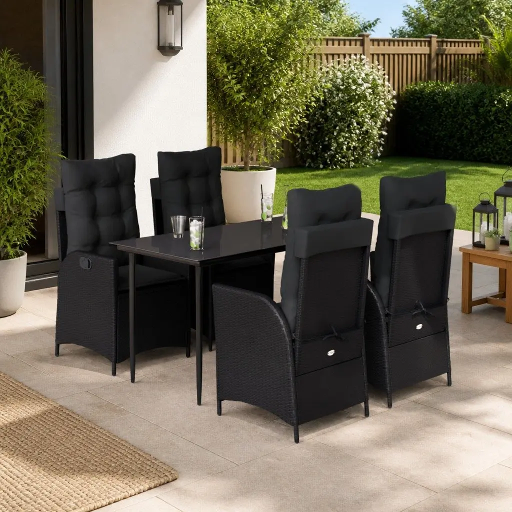 5 Piece Garden Dining Set Outdoor Furniture Patio Black Poly Rattan Chair Table