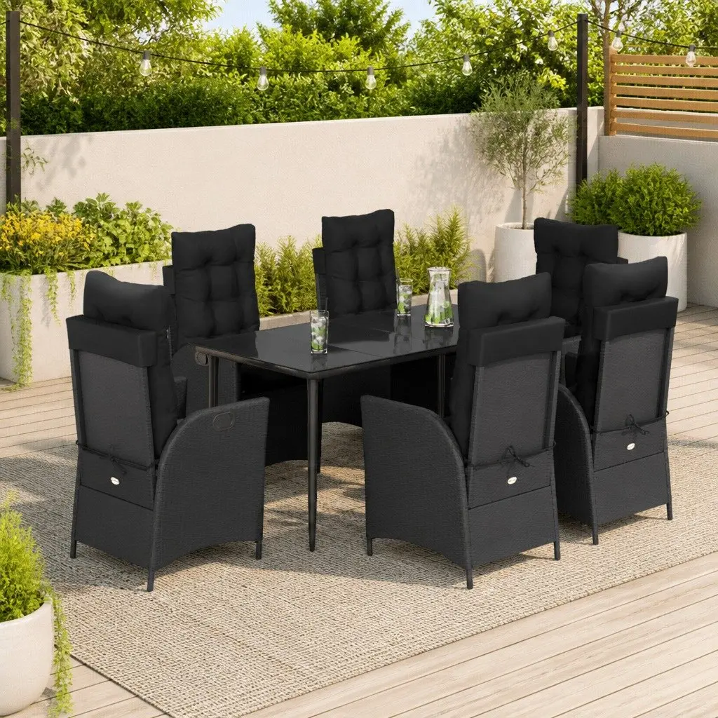7 Piece Black Rattan Outdoor Dining Set with Cushions for Garden and Patio