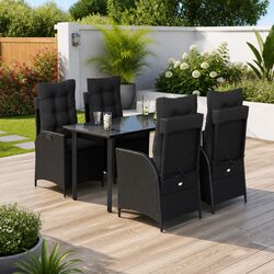5-Piece Black Garden Dining Set: Rattan & Glass Table