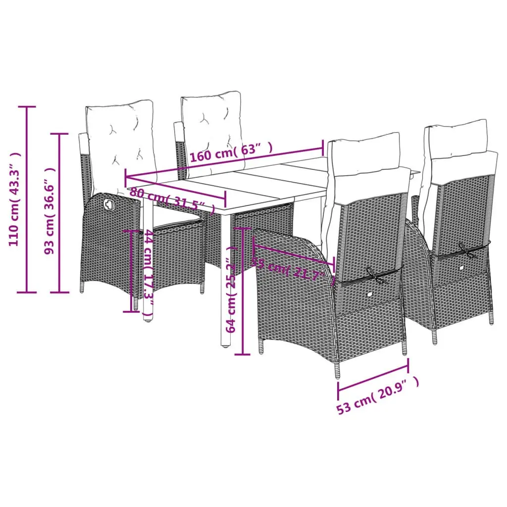 5 Piece Outdoor Dining Set Black Poly Rattan Garden Furniture with Cushions