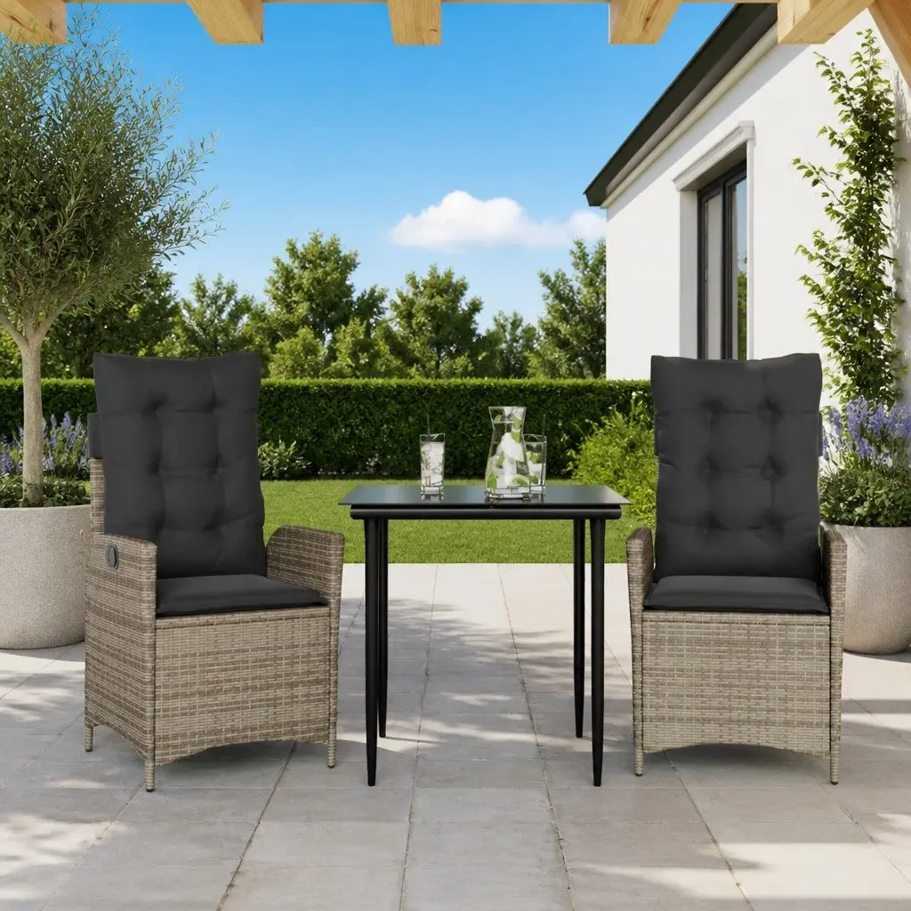 Garden Dining Set Outdoor Furniture 3 Piece Grey Poly Rattan with Cushions
