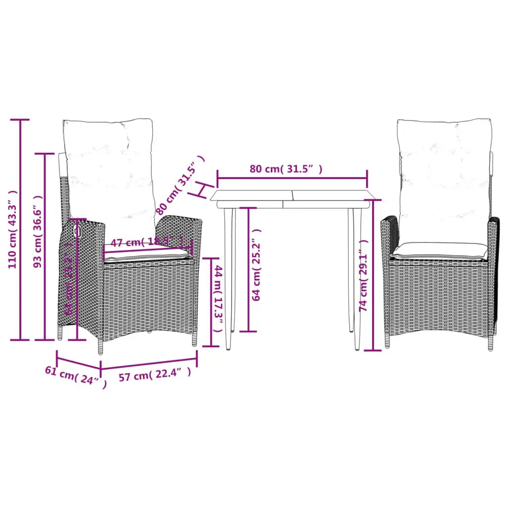 Garden Dining Set Outdoor Furniture 3 Piece Grey Poly Rattan with Cushions