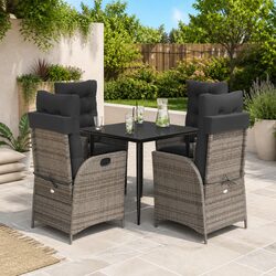 5 Piece Garden Dining Set: Grey PE Rattan with Glass Top