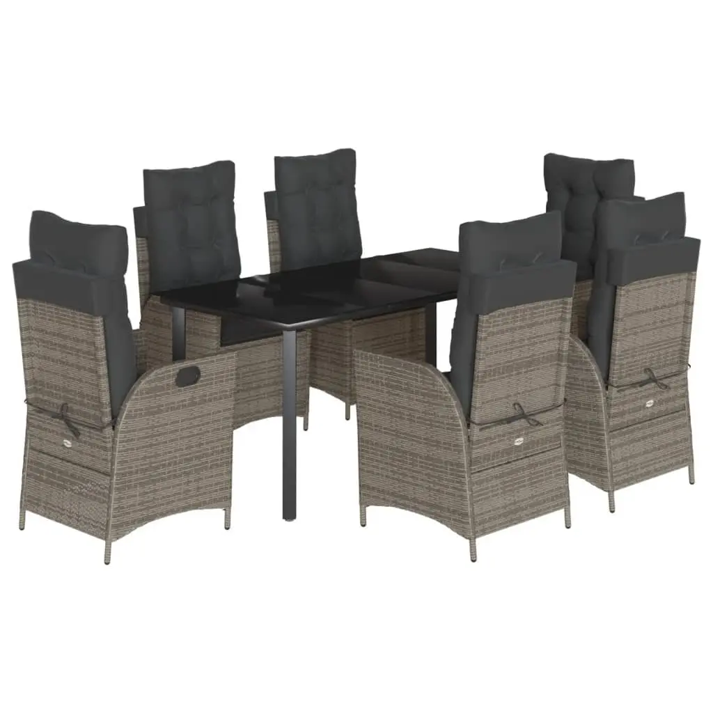 7 Piece Outdoor Dining Set Grey Poly Rattan with Cushions Adjustable Backrest Tempered Glass Table