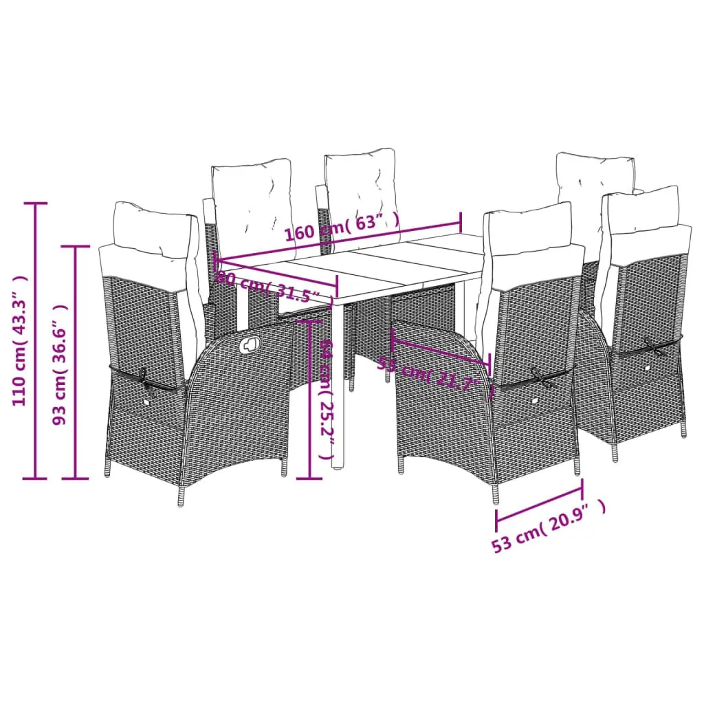 7 Piece Outdoor Dining Set Grey Poly Rattan with Cushions Adjustable Backrest Tempered Glass Table