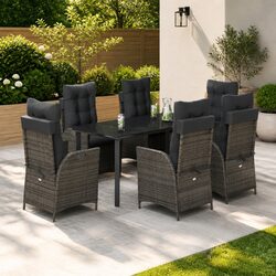 7 Piece Grey Outdoor Dining Set with Cushions and Glass Tabletop