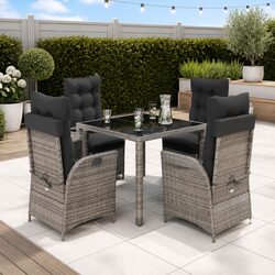 5 Piece Garden Dining Set: Grey Poly Rattan with Cushions