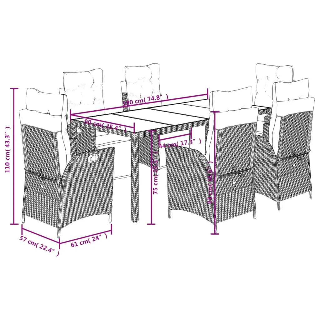Outdoor Dining Set 7 Piece Furniture Grey Poly Rattan with Cushions for Garden and Patio