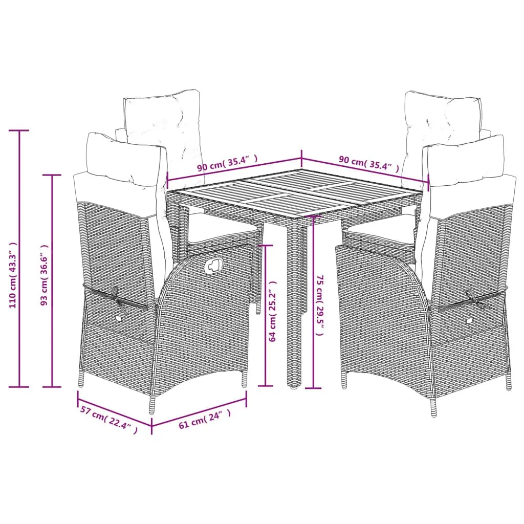 Outdoor Garden Dining Set 5 Piece Black PE Rattan Chairs Table with Cushions