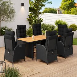 7 Piece Garden Dining Set: Black PE Rattan & Acacia Wood