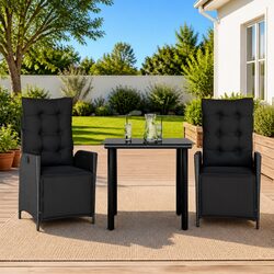 Outdoor Dining Set - 3-Piece Black Rattan with Cushions