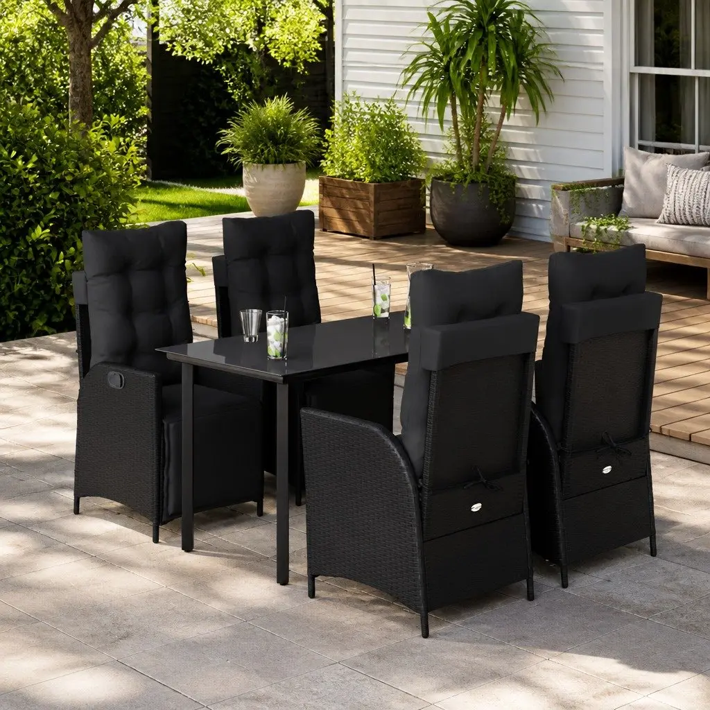 Garden Dining Set Outdoor Furniture 5 Piece Black Poly Rattan with Cushions