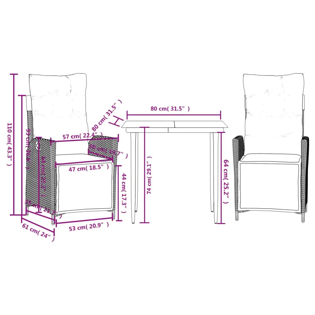 3 Piece Garden Dining Set in Grey