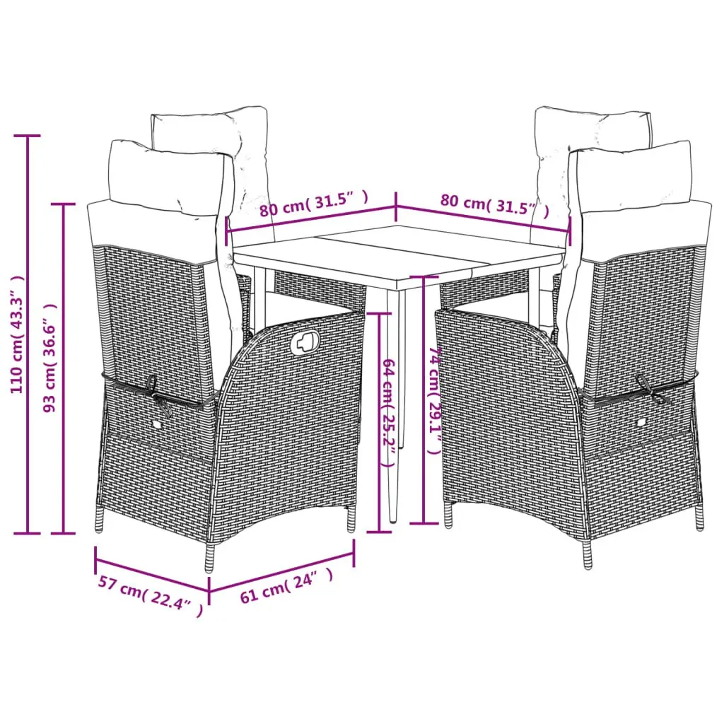Garden Dining Set 5 Piece Outdoor Furniture PE Rattan Chair Table Cushions Grey