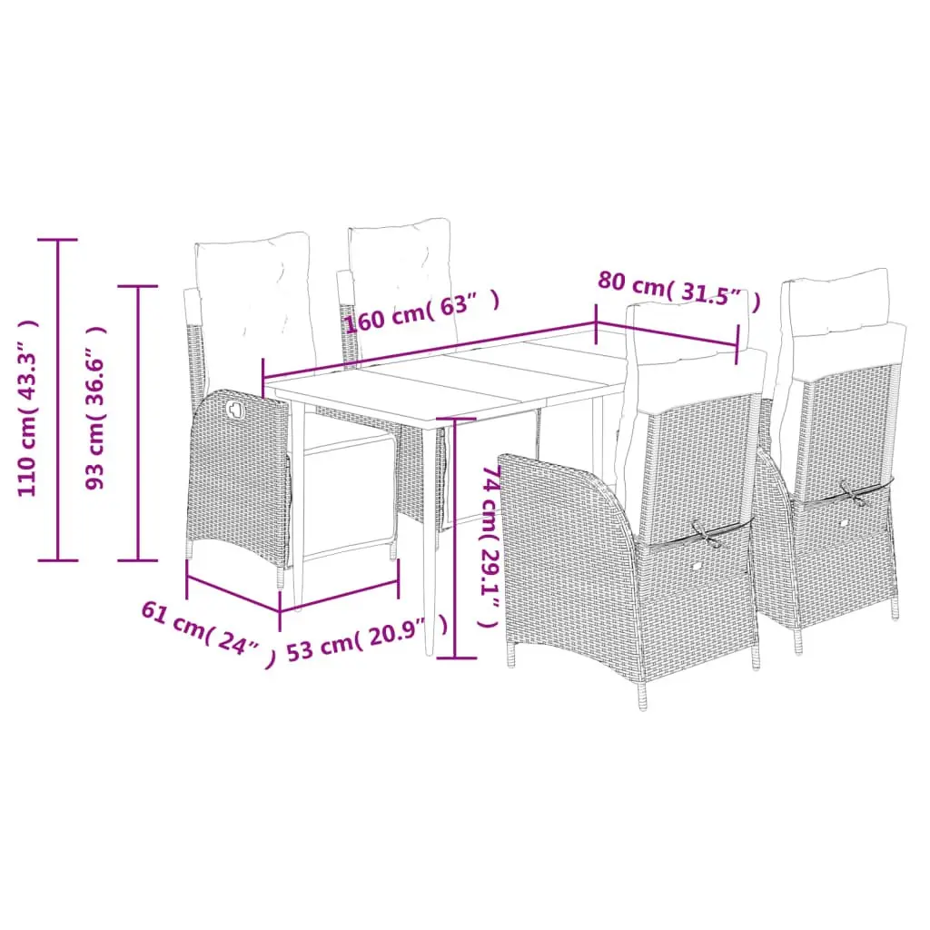 5 Piece Outdoor Garden Dining Set with Grey Cushions
