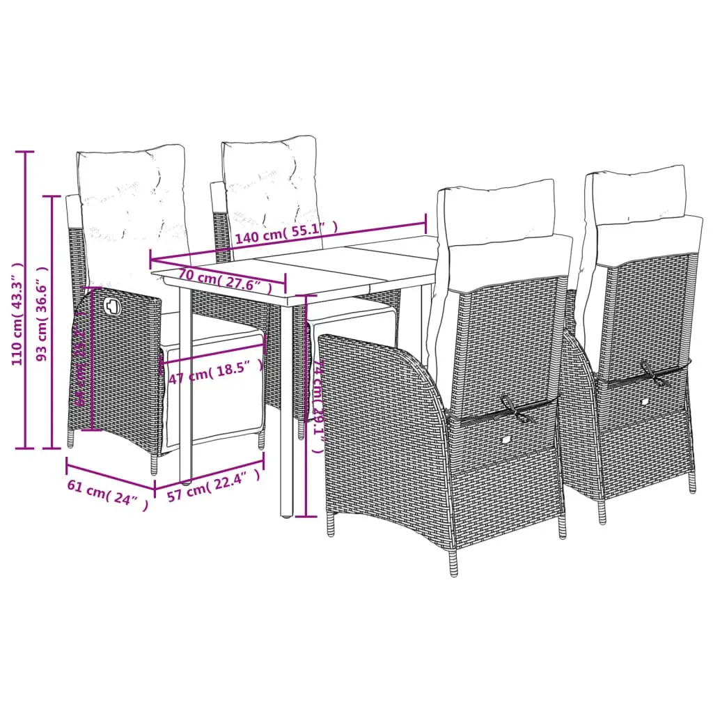 Outdoor Garden Dining Set 5 Piece Grey Poly Rattan Chair Table Cushions Patio