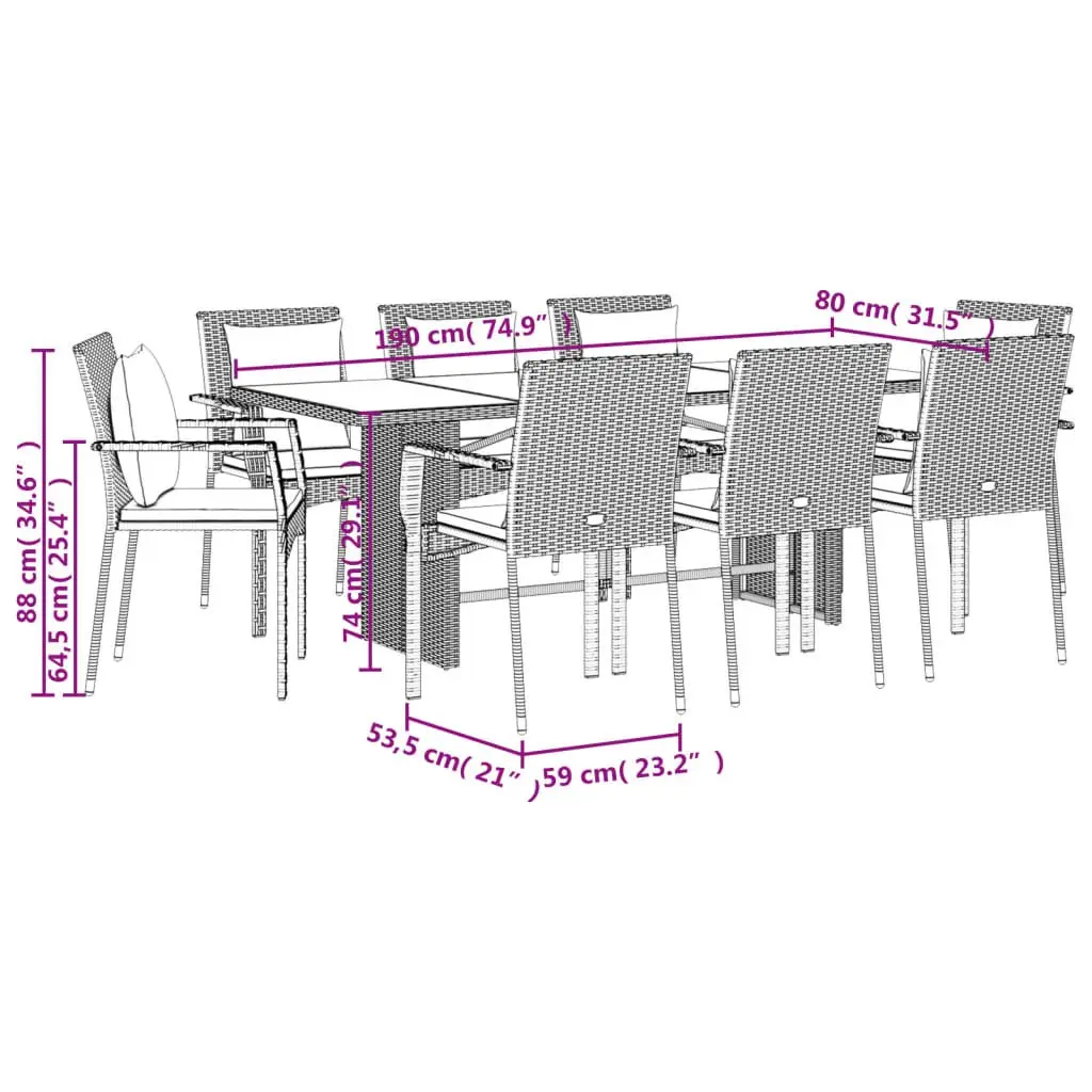 9-Piece Garden Dining Set with Grey Rattan and Cushions