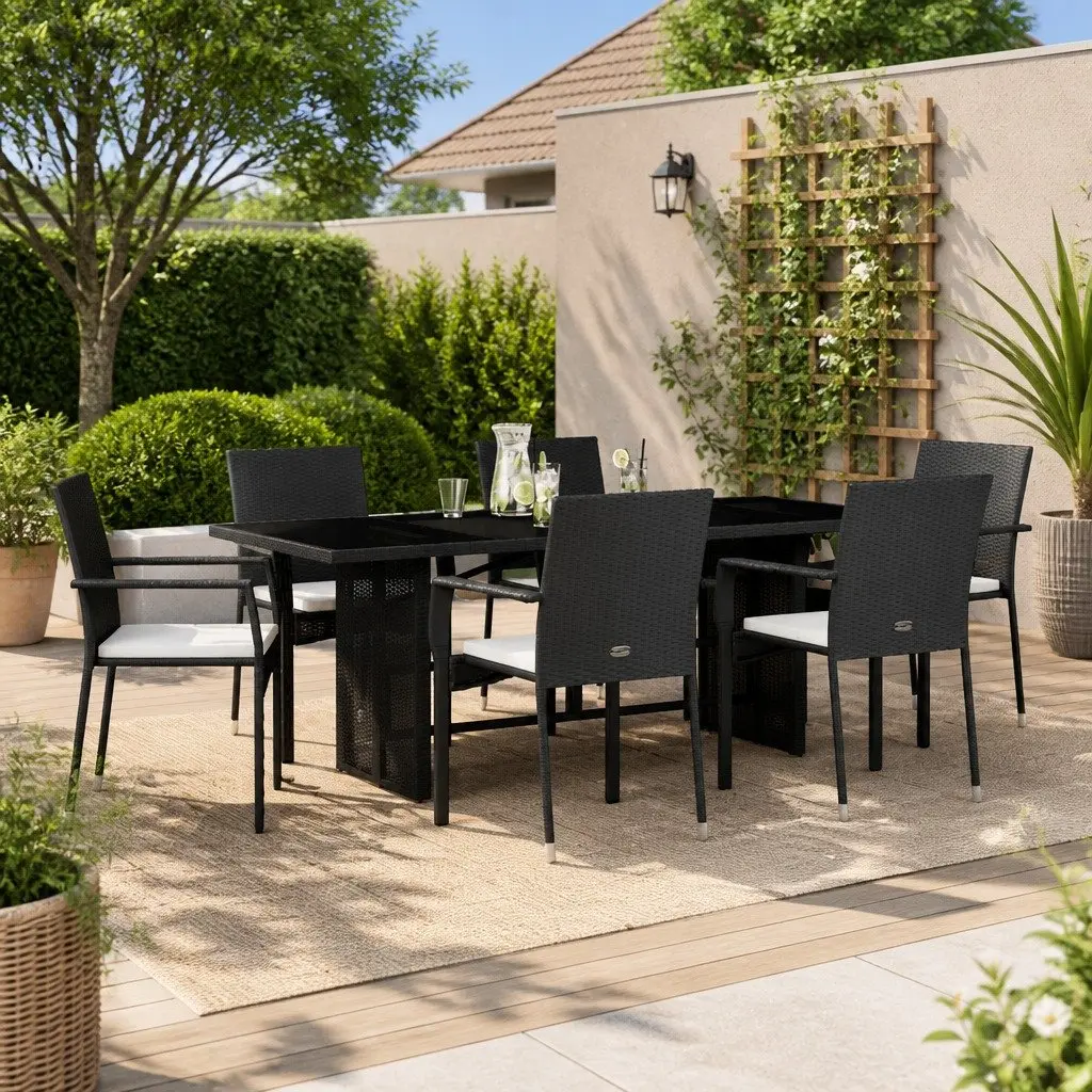 7-Piece Black Poly Rattan Dining Set with Cushions